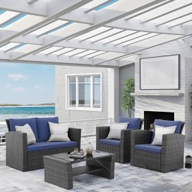 4 Piece Outdoor Patio Furniture Set, Outdoor Sectional Sofa with Tempered Glass Coffee Table and Cushions, Wicker Rattan Patio Set (Color: as Pic)